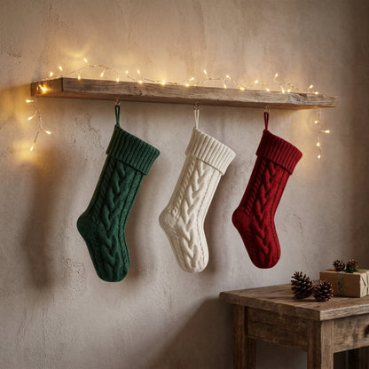Green, white, and red knit Christmas stockings hanging under a shelf strung with string lights