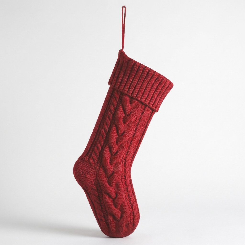 Red knit Christmas stocking product photo on a white background