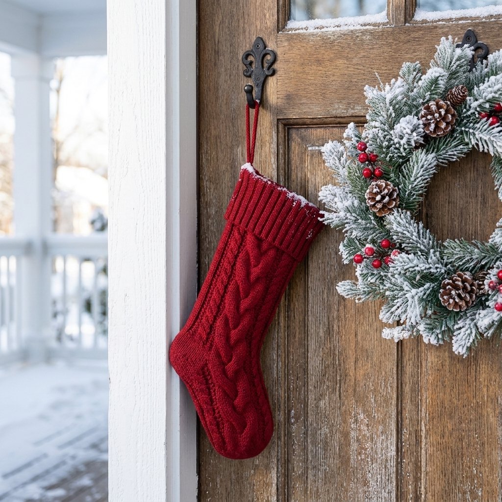 Red knit Christmas stocking hanging on a front door beside a snowy pine wreath