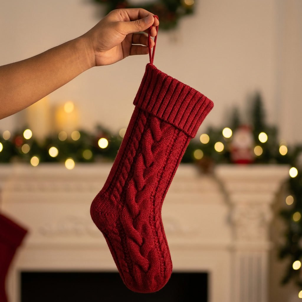 Hand holding up a red knit Christmas stocking by its loop