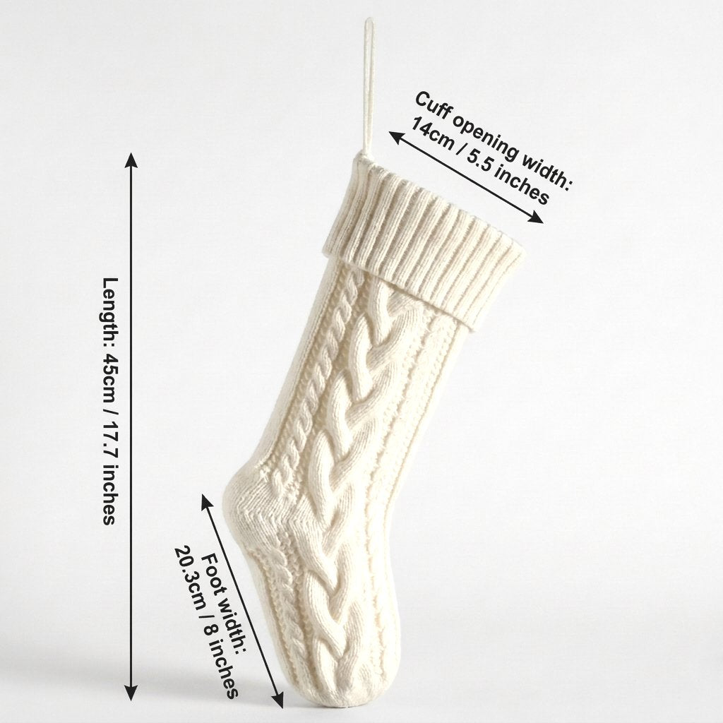 White knit Christmas stocking dimensions: 17.7in/45cm length, 5.5in/14cm cuff opening width, 8in/20.3cm foot width