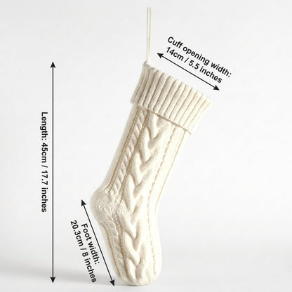 White knit Christmas stocking dimensions: 17.7in/45cm length, 5.5in/14cm cuff opening width, 8in/20.3cm foot width
