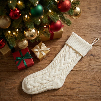 White knit Christmas stocking laid beside wrapped gifts under a lit Christmas tree