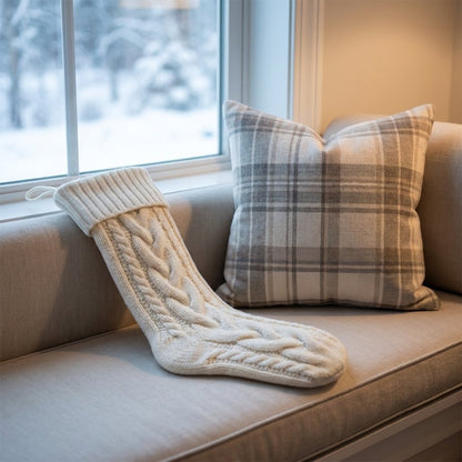 White knit Christmas stocking propped on a window seat cushion with a snowy view outside