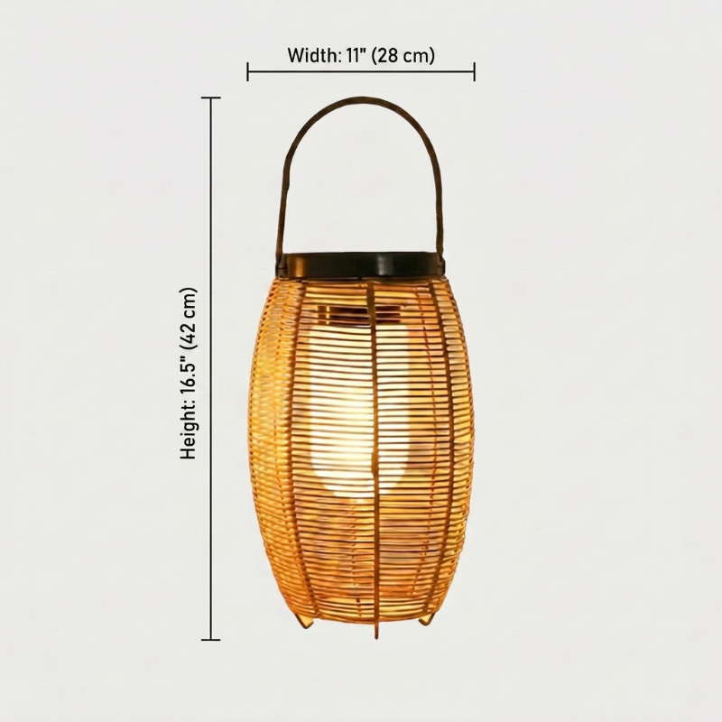 Woven rattan solar floor lantern dimensions graphic on white background