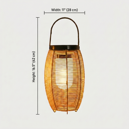 Woven rattan solar floor lantern dimensions graphic on white background