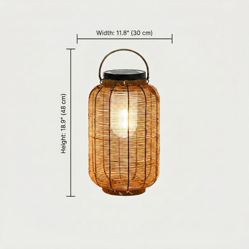 Woven rattan solar floor lantern on white background