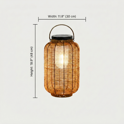 Woven rattan solar floor lantern on white background