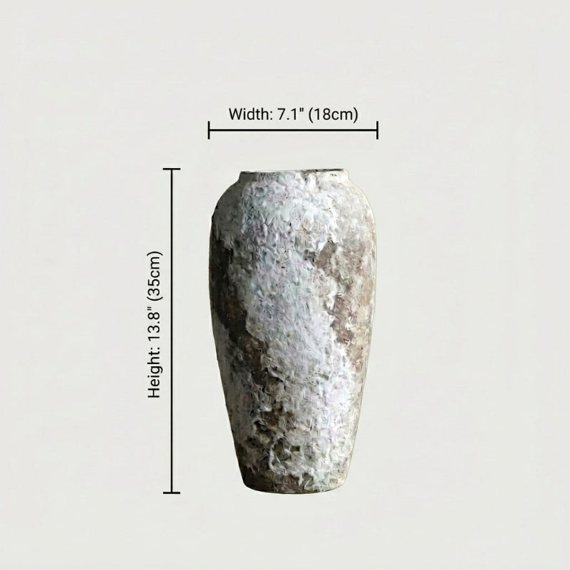 Tall ceramic rustic circular vase dimensions graphic on white background