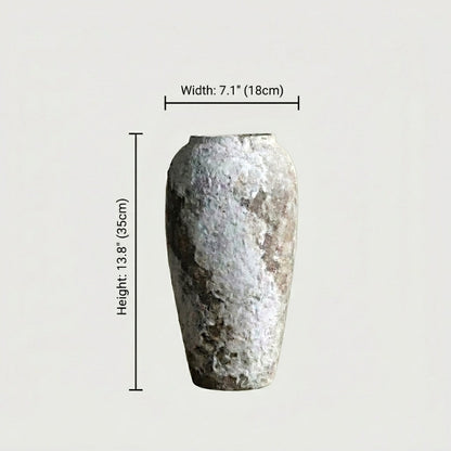 Tall ceramic rustic circular vase dimensions graphic on white background