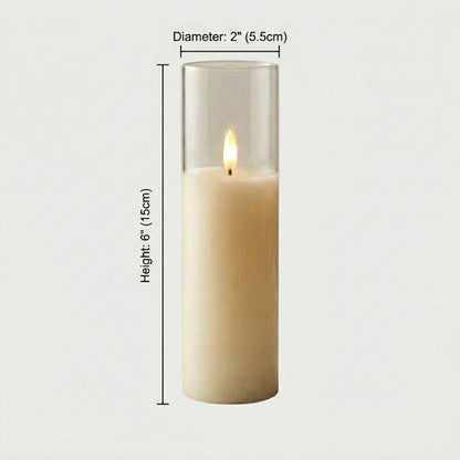 Tall clear ivory flameless pillar candle dimensions graphic on white background