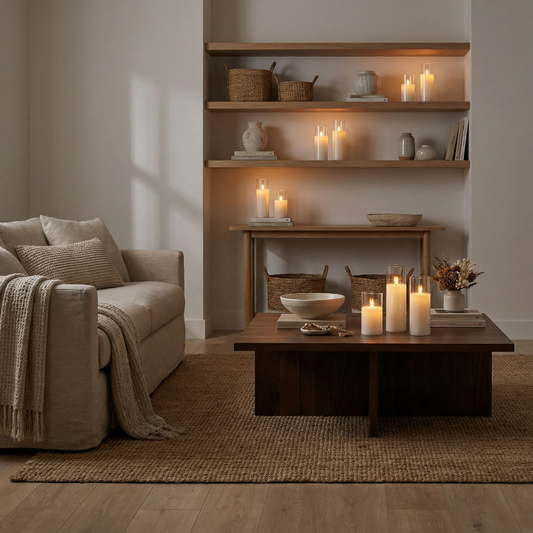 Cozy living room with a beige sofa, wooden coffee table, and shelves with candles and decor.