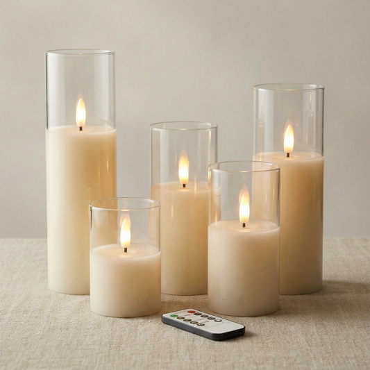 Set of five lit candles in glass holders with a remote control on a textured surface.