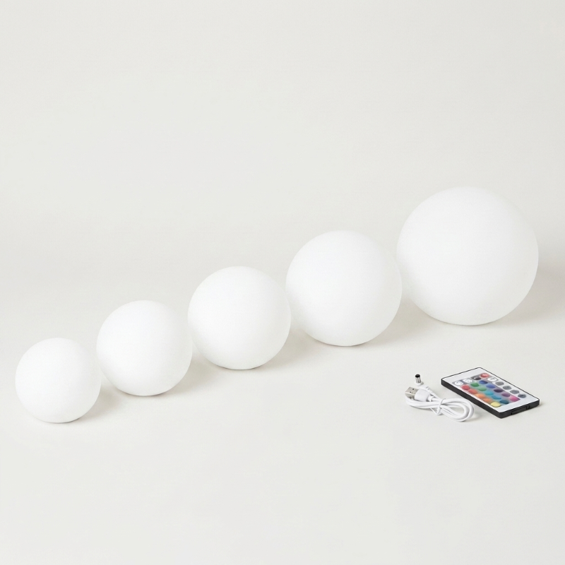 LED garden ball lights shown in multiple sizes on white background