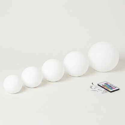 LED garden ball lights shown in multiple sizes on white background