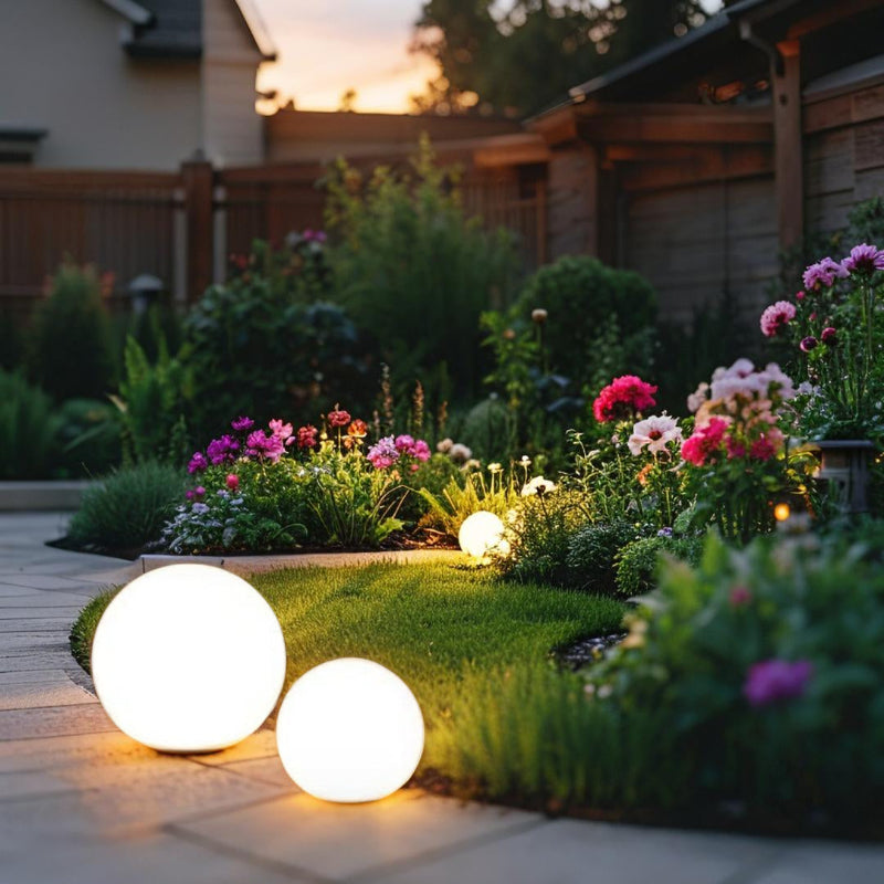 LED garden ball lights in flower garden at dusk