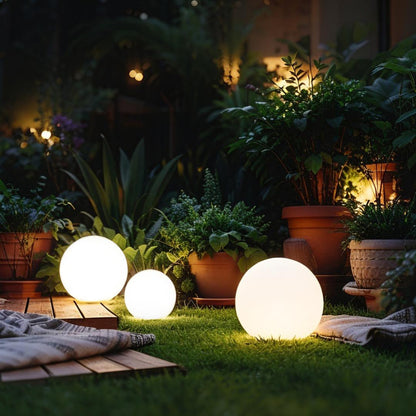LED garden ball lights glowing in landscaped garden at night