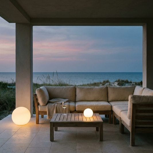 LED garden ball lights glowing on covered patio at dusk