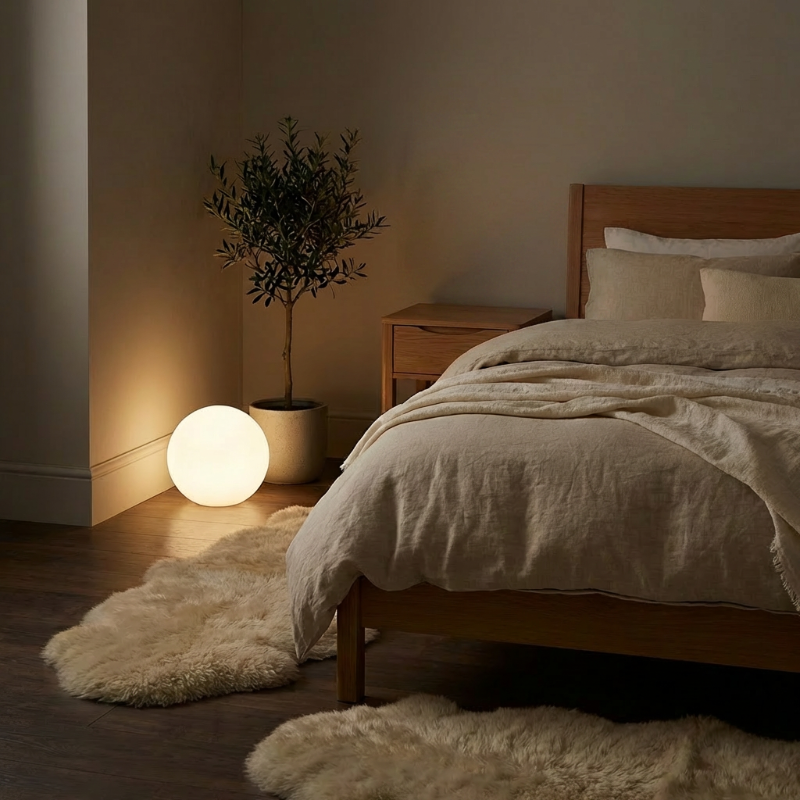 LED garden ball light glowing beside bed in softly lit bedroom