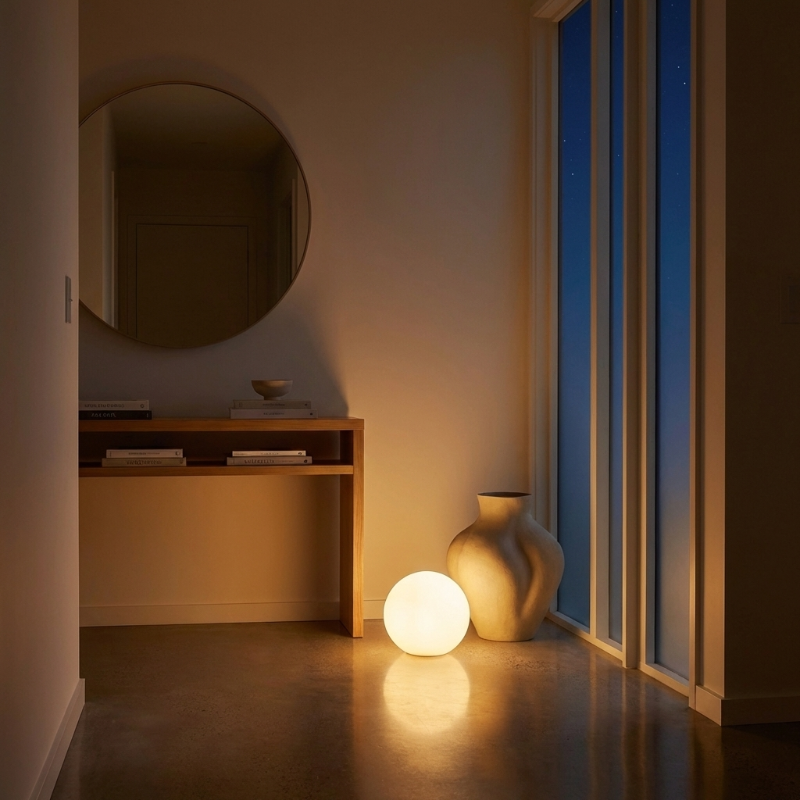LED garden ball light glowing on floor in moody interior