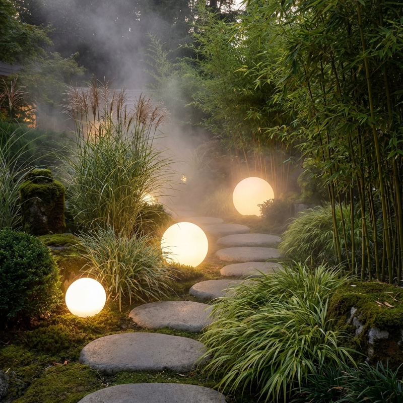 LED garden ball lights illuminating garden path with mist
