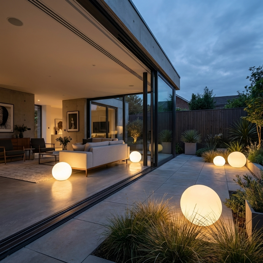 LED garden ball lights on covered patio at twilight
