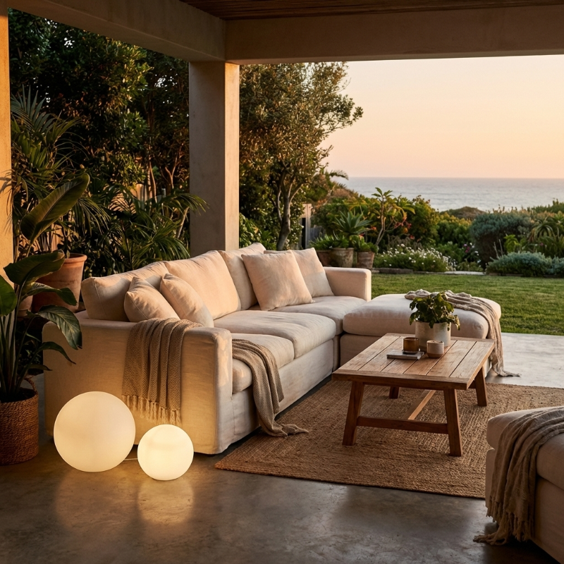 LED garden ball lights on patio seating area at sunset