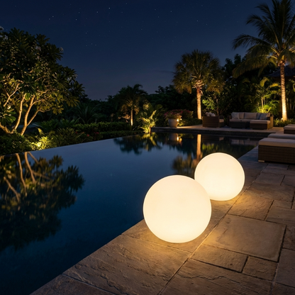 LED garden ball lights floating beside pool at night
