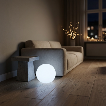 LED garden ball light glowing in modern living room