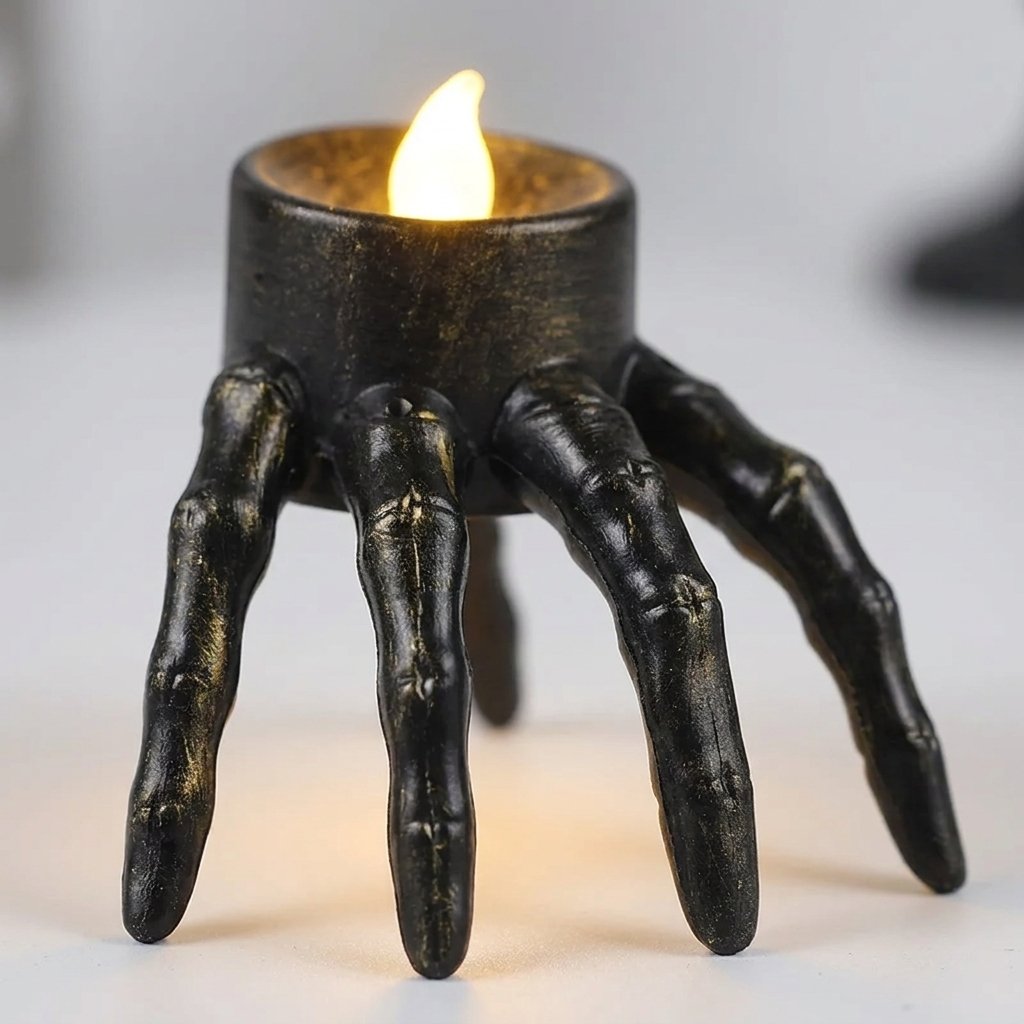 Close-up of the lit Hand LED Halloween candle showing its skeletal finger detail