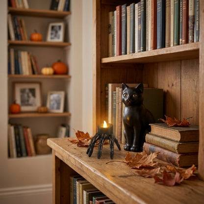 Lit Hand LED Halloween candle on a bookshelf beside a black cat figurine and dried leaves