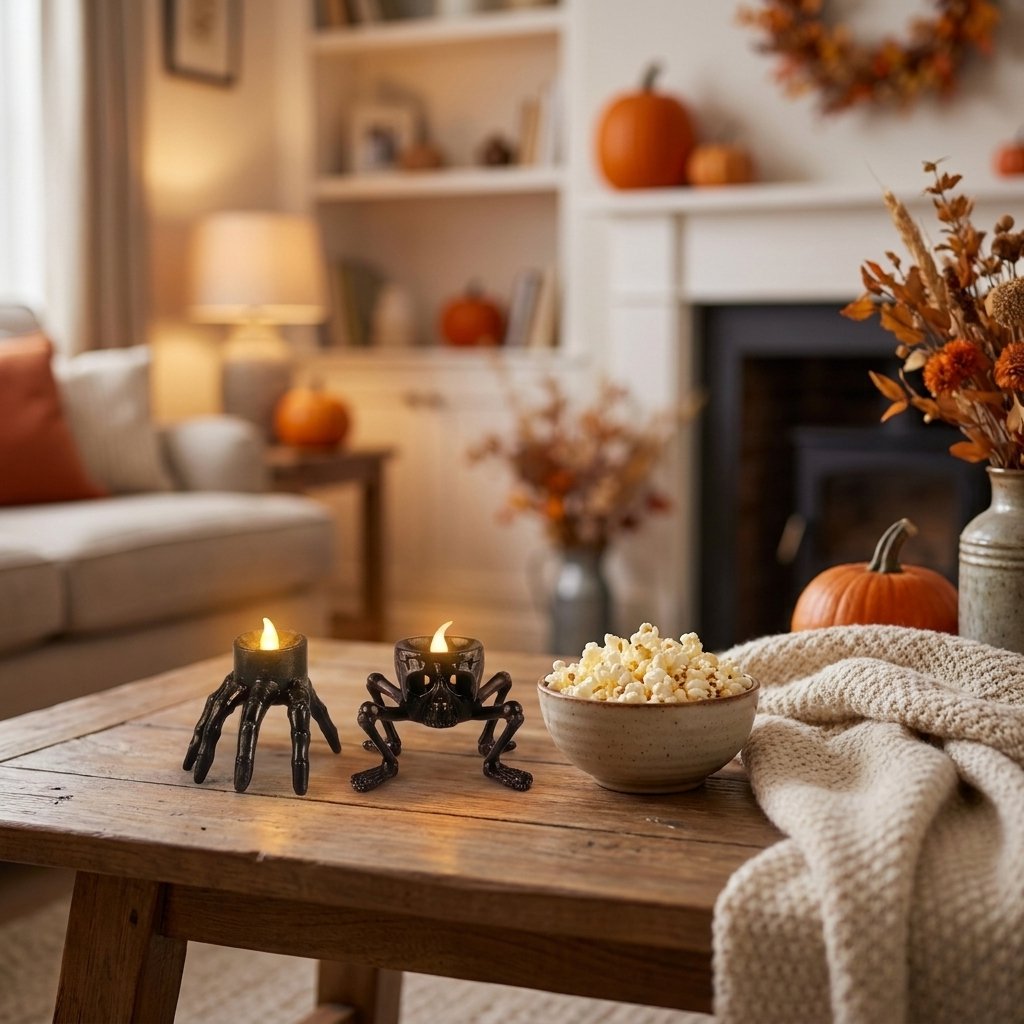 Lit Hand and Skull LED Halloween candles on a coffee table in a cozy living room with a fireplace