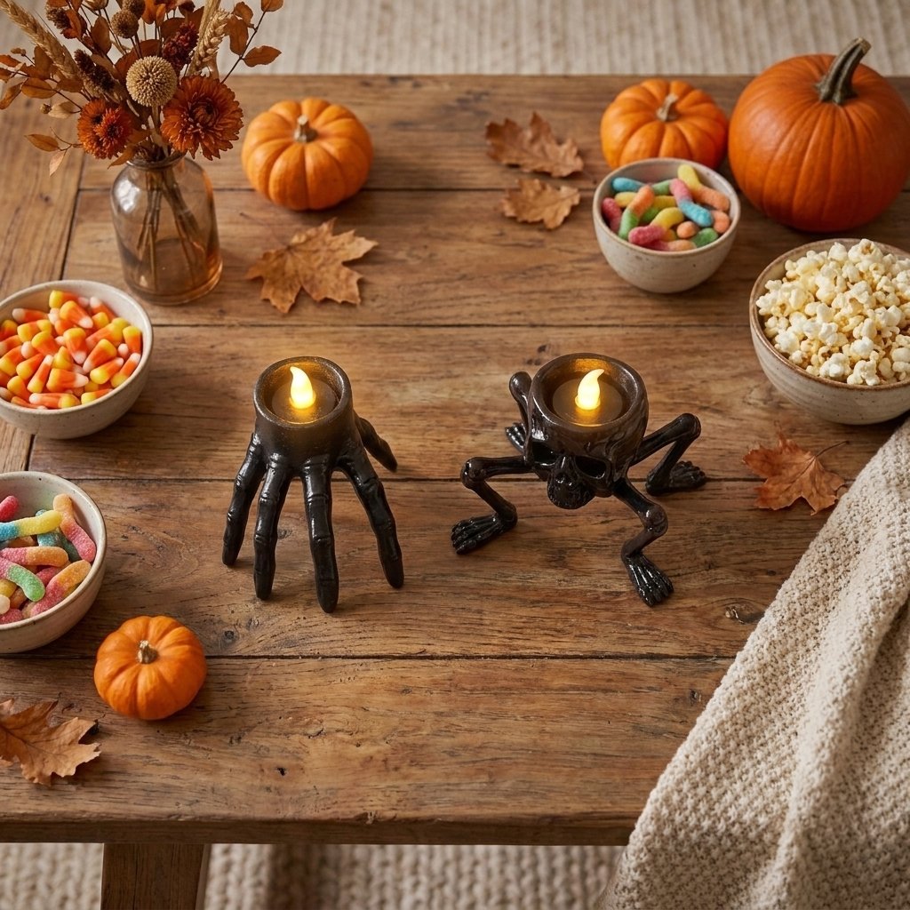Lit Hand and Skull LED Halloween candles on a rustic harvest table with pumpkins and candy bowls
