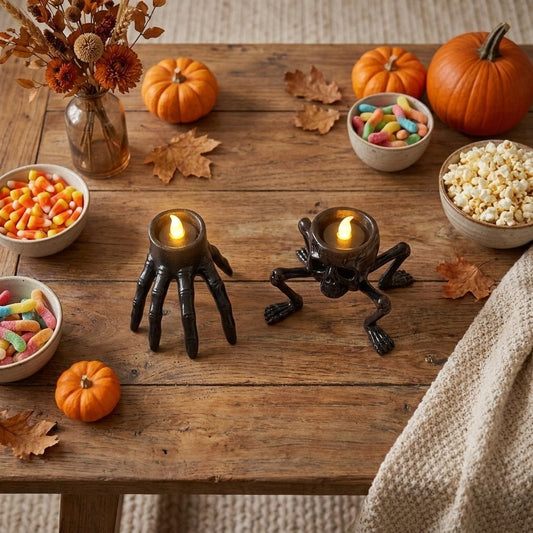 Lit Hand and Skull LED Halloween candles on a rustic harvest table with pumpkins and candy bowls