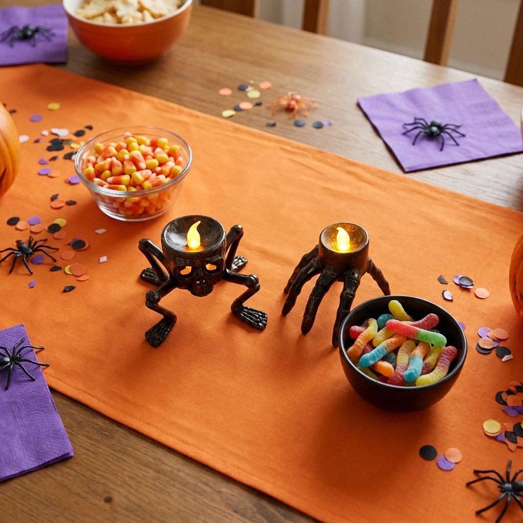 Lit Skull and Hand LED Halloween candles on an orange table runner at a Halloween party