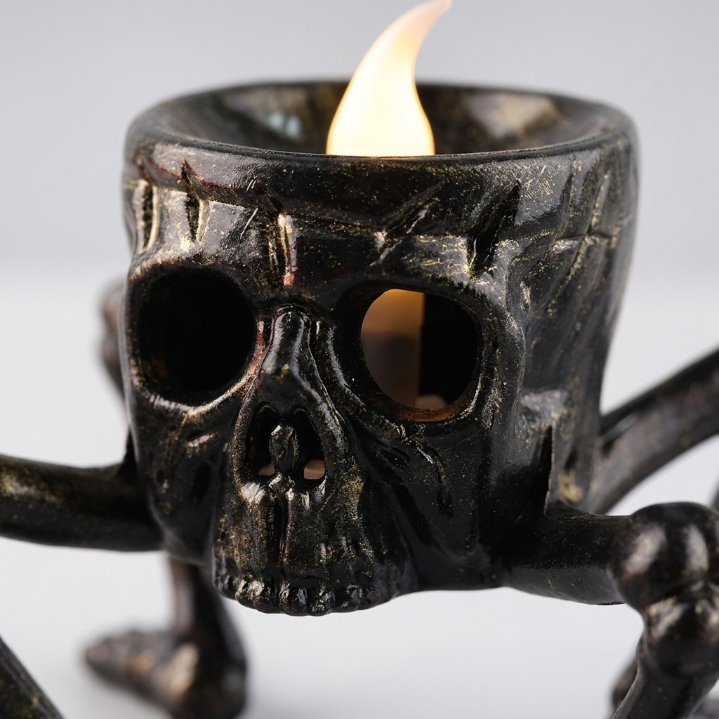 Close-up of the lit Skull LED Halloween candle showing its glowing eye socket and face detail