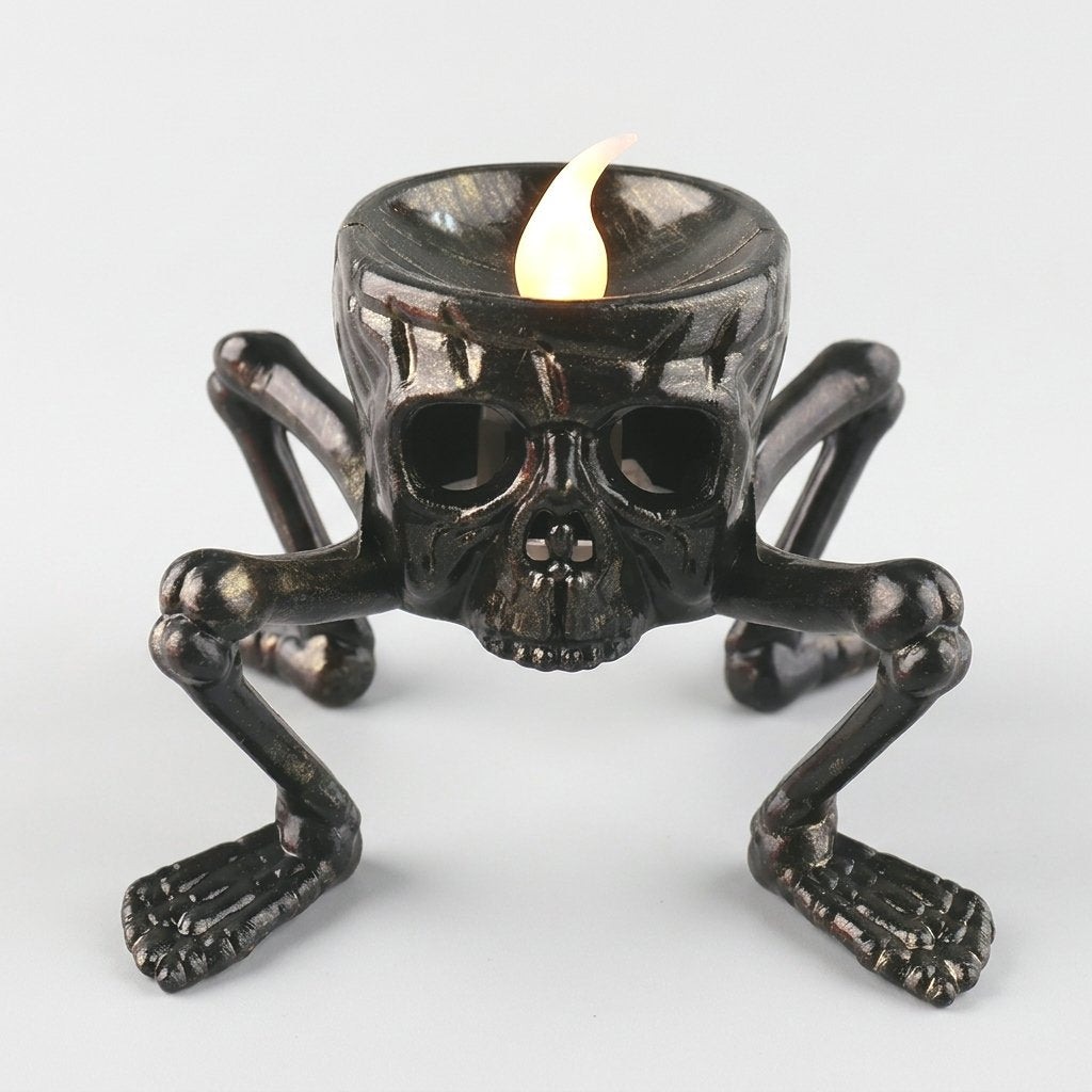 Lit Skull LED Halloween candle product photo on a white background