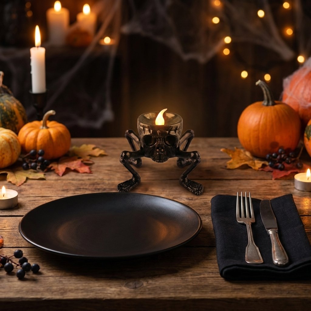 Lit Skull LED Halloween candle on a moody dinner table set with black plates and pumpkins