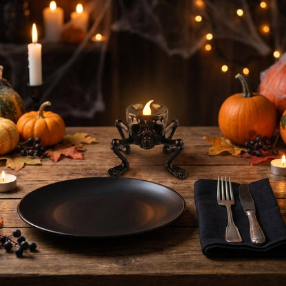 Lit Skull LED Halloween candle on a moody dinner table set with black plates and pumpkins