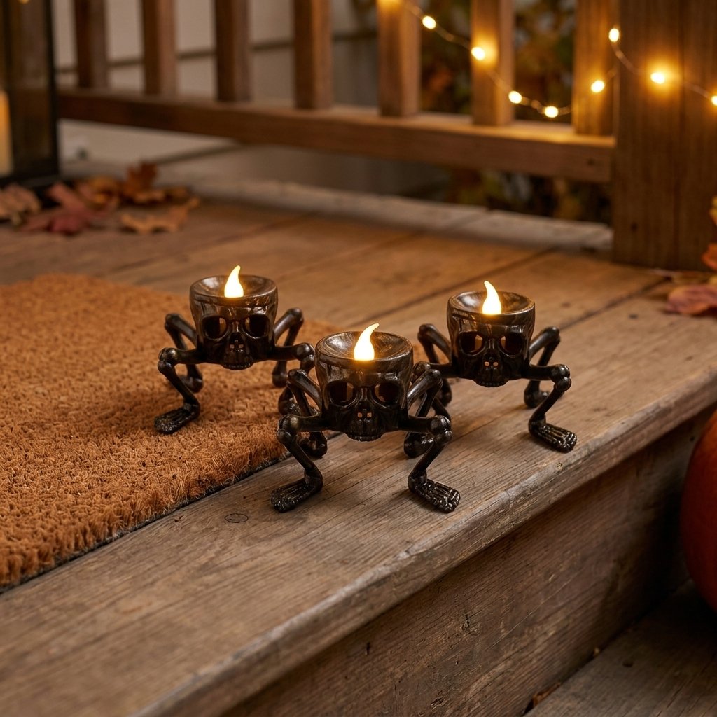 Three lit Skull LED Halloween candles on porch steps at dusk with string lights