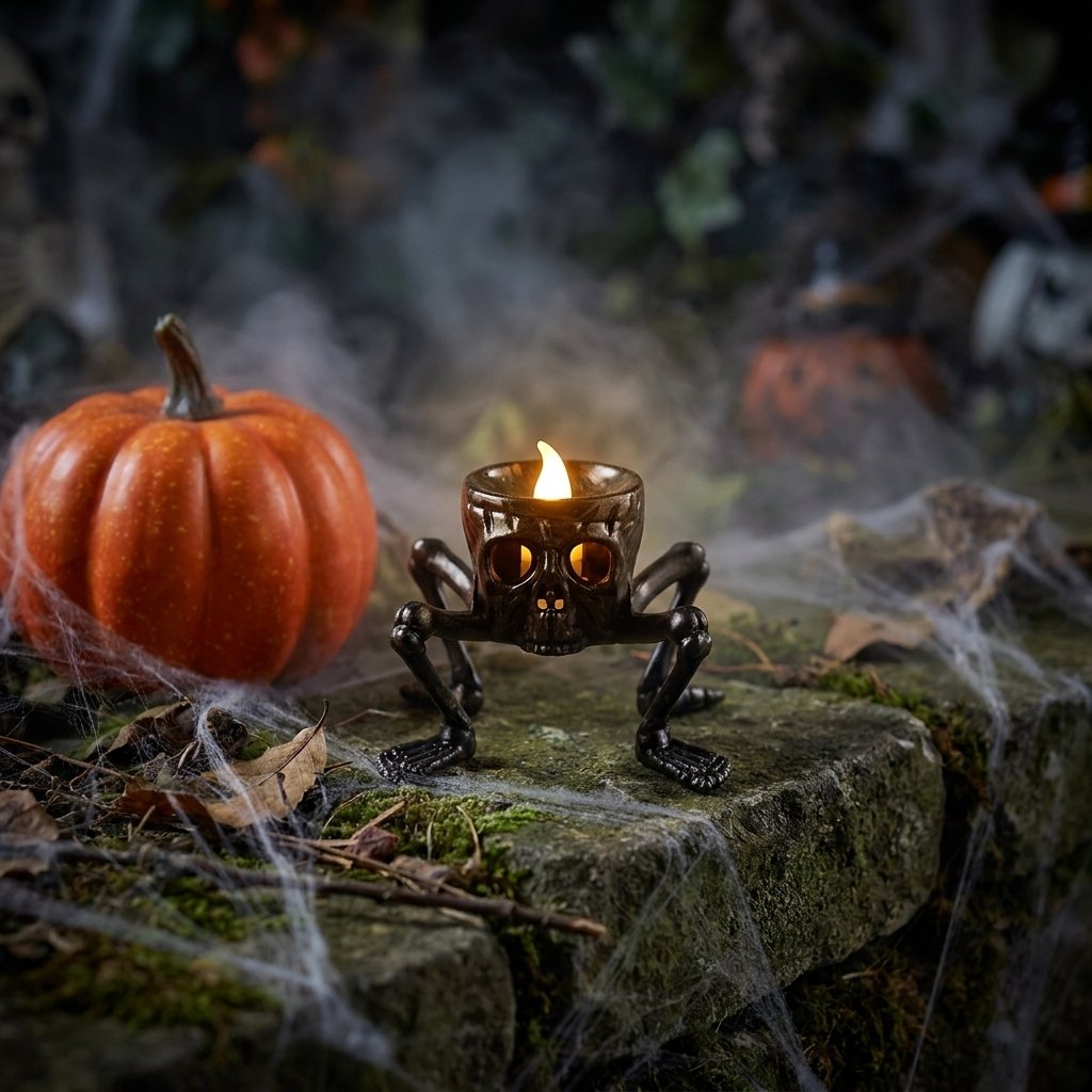 Lit Skull LED Halloween candle on a mossy stone ledge with a pumpkin and spiderwebs