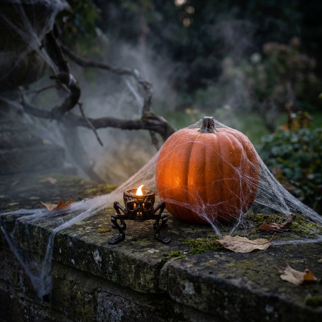 Lit Skull LED Halloween candle beside a cobweb-draped pumpkin on a mossy stone wall in fog