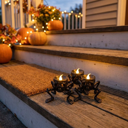 Three lit Skull LED Halloween candles on porch steps with pumpkins and string lights