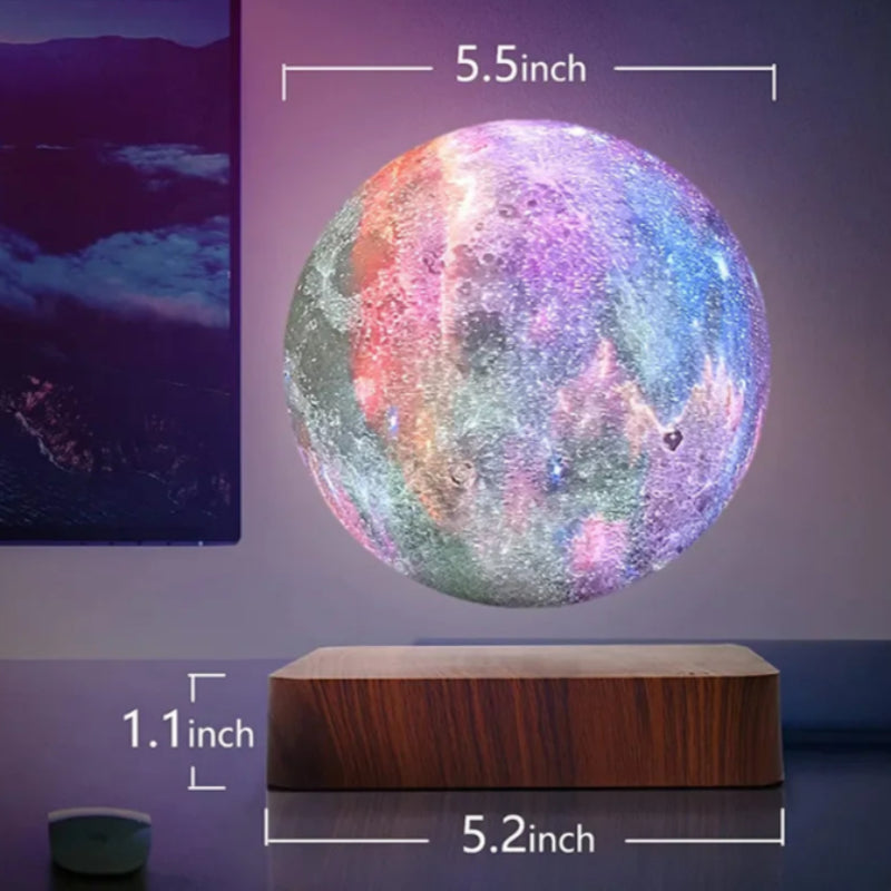 Detailed dimensions of the Levitating Starry Sky Lamp, showcasing the 14 cm moon diameter and 13.5 cm base width with a 1.5–2 cm levitation distance.