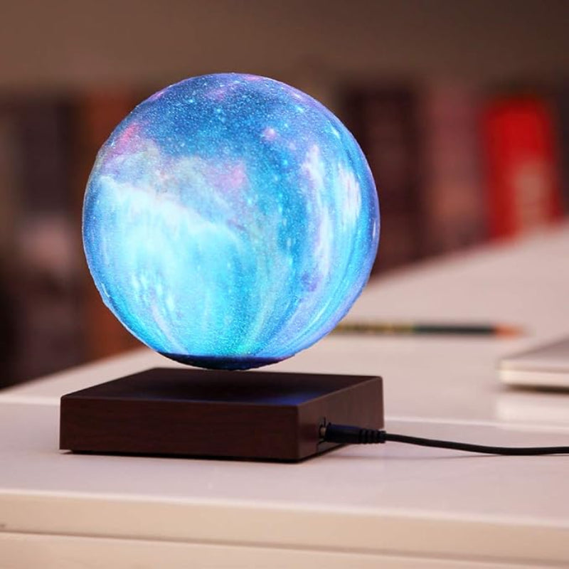 Levitating moon lamp with touch and remote control features, emitting a soft glow in multiple vibrant LED colors.