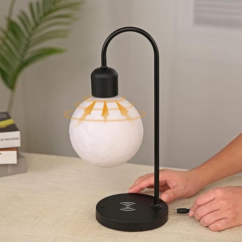 Modern levitating moon lamp with wireless charging, combining a realistic moon design with the convenience of wireless power.