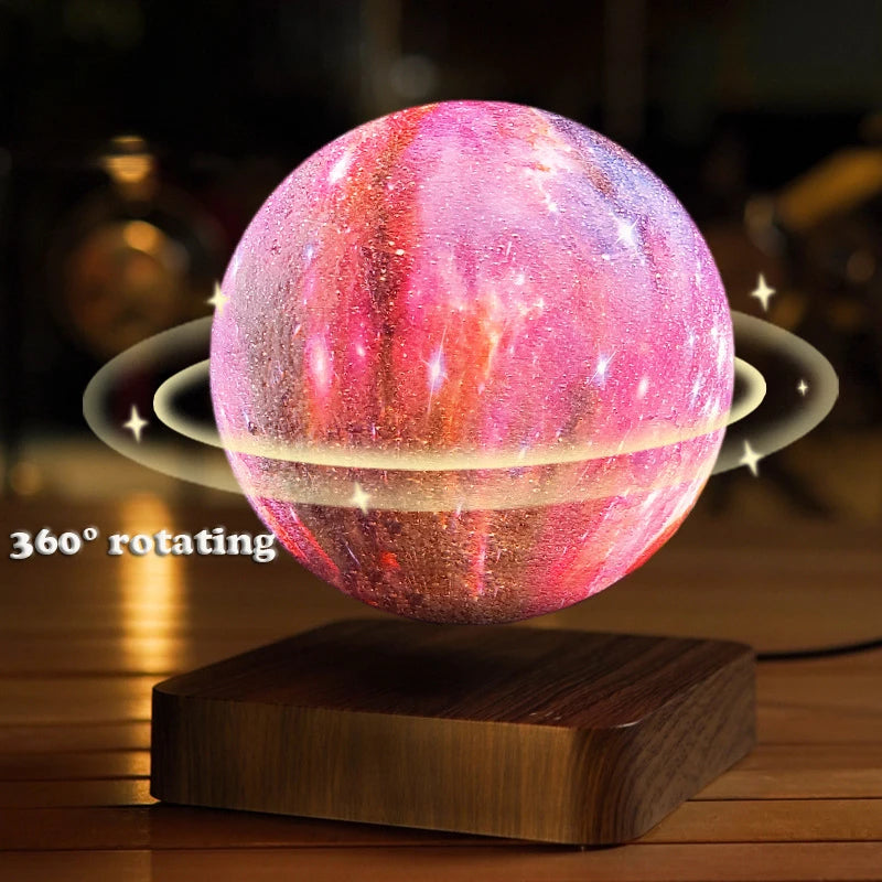 Levitating Starry Sky Lamp with 16 color-changing options floating above a sleek black base on a wooden table, adding a futuristic and elegant ambiance to any room