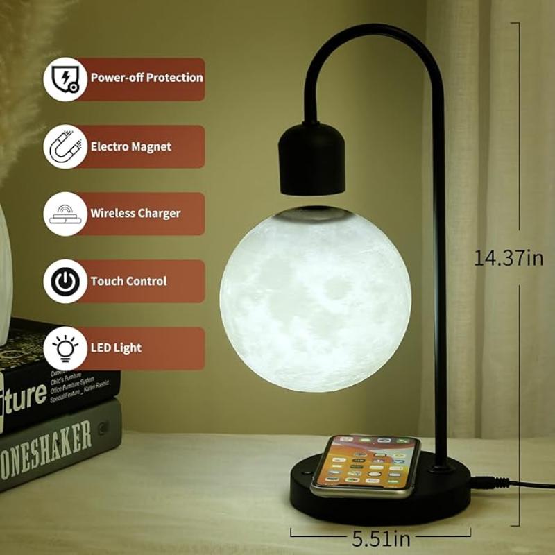 Modern levitating moon lamp with wireless charging, a unique blend of artistry and technology to enhance any workspace or bedroom.