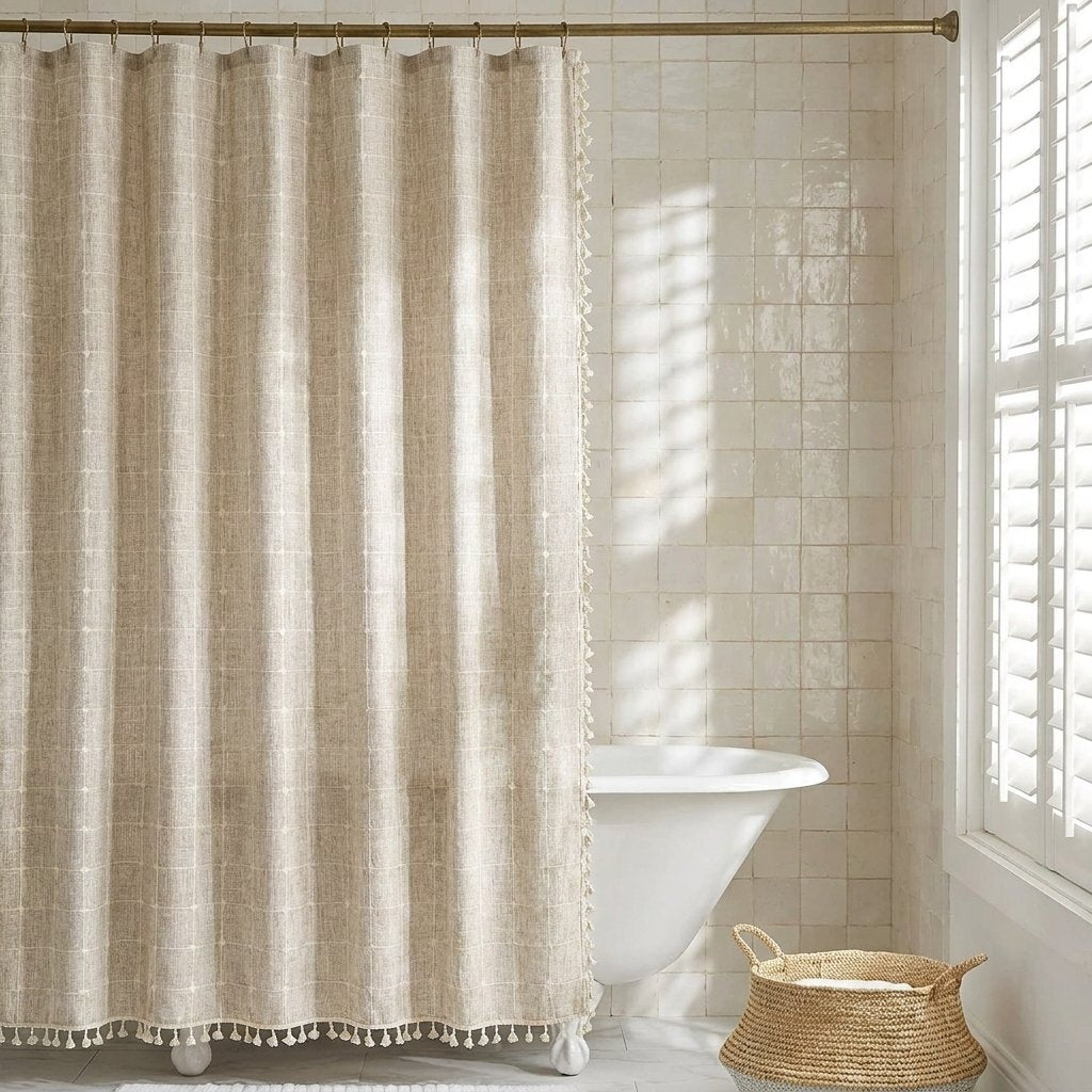 Natural oatmeal windowpane linen shower curtain with small cream tassels beside a clawfoot tub and woven basket in a bright cream-tiled bathroom