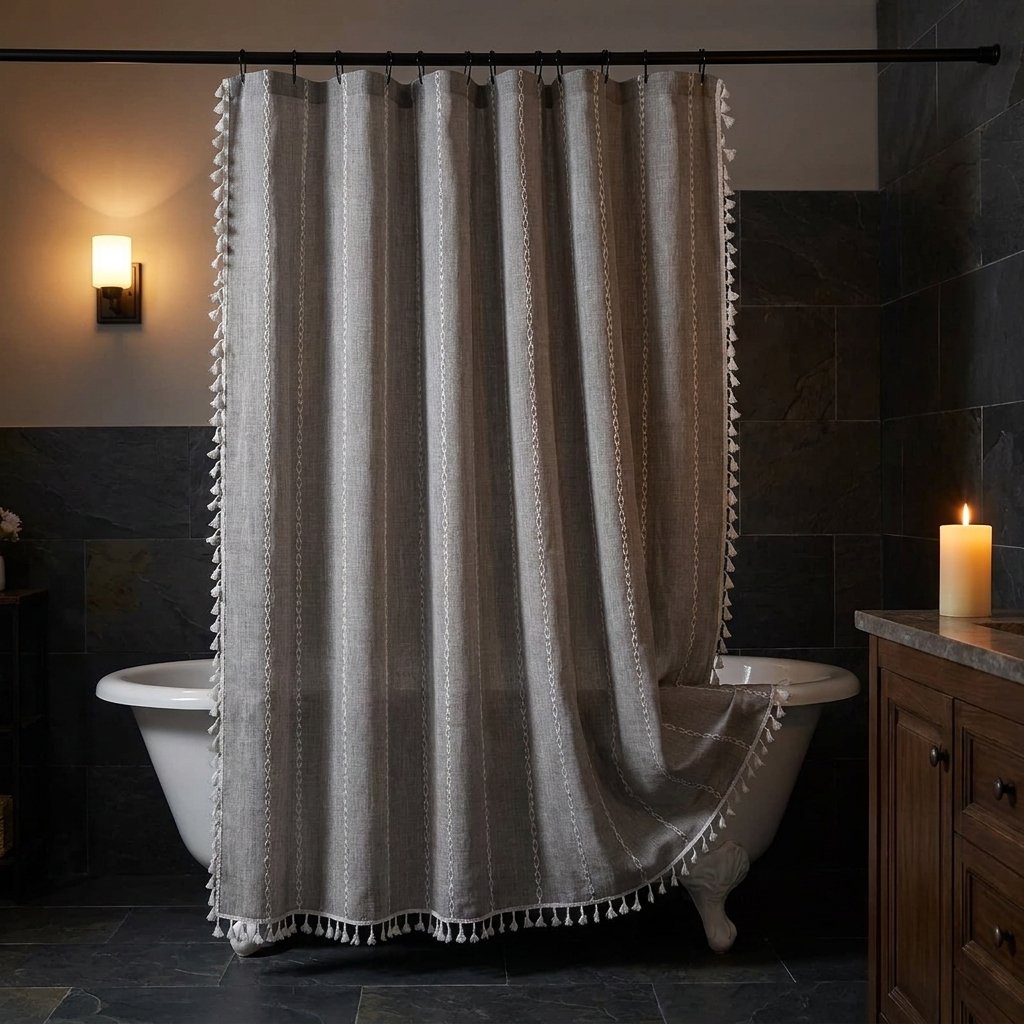 Mid-gray linen shower curtain with thin cream stripes and white tassels draped over a clawfoot tub in a dark slate bathroom with a lit candle